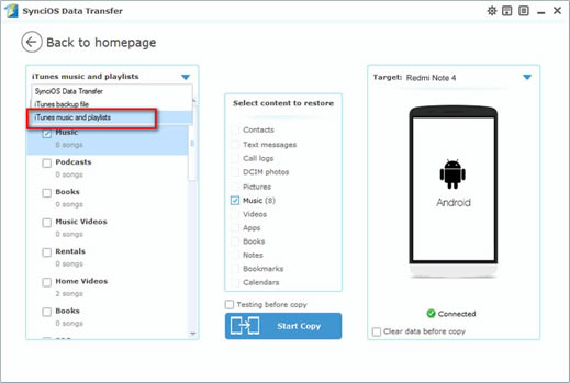 import music to Xiaomi Redmi Note 13/14 with syncios data transfer from itunes