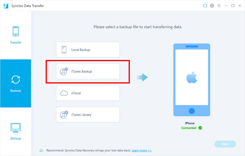 restore iphone from itunes backup via syncios