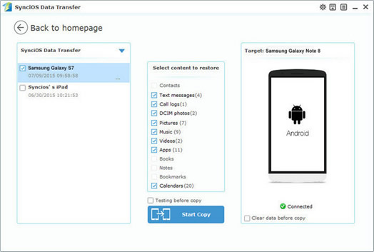 restore old samsung device data to samsung galaxy note 8 with syncios data transfer