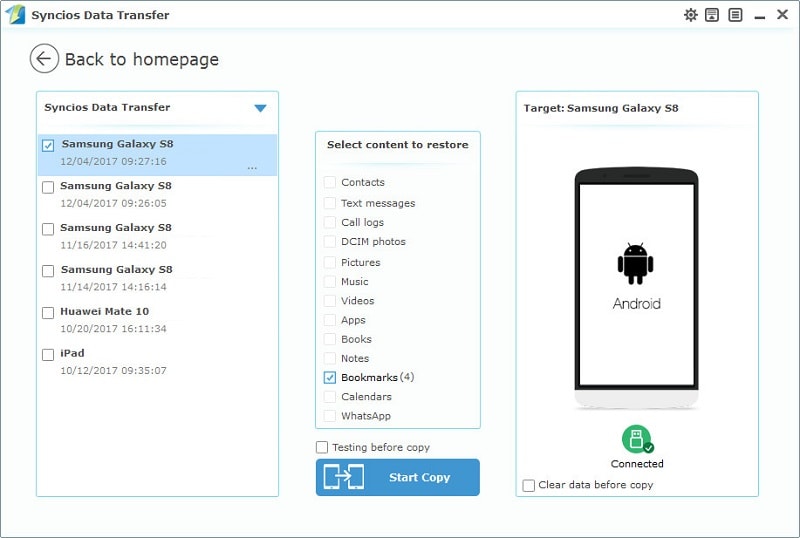 restore Android phone bookmarks from computer