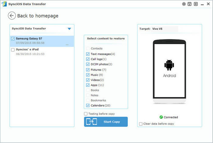 restore samsung to Vivo X200 Ultra from syncios backups