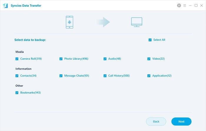 select Samsung Galaxy S9 data to backup