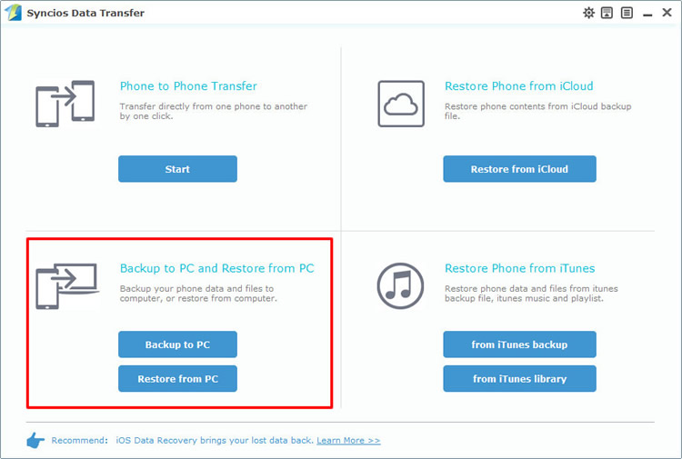 syncios data transfer backup to pc and restore from pc