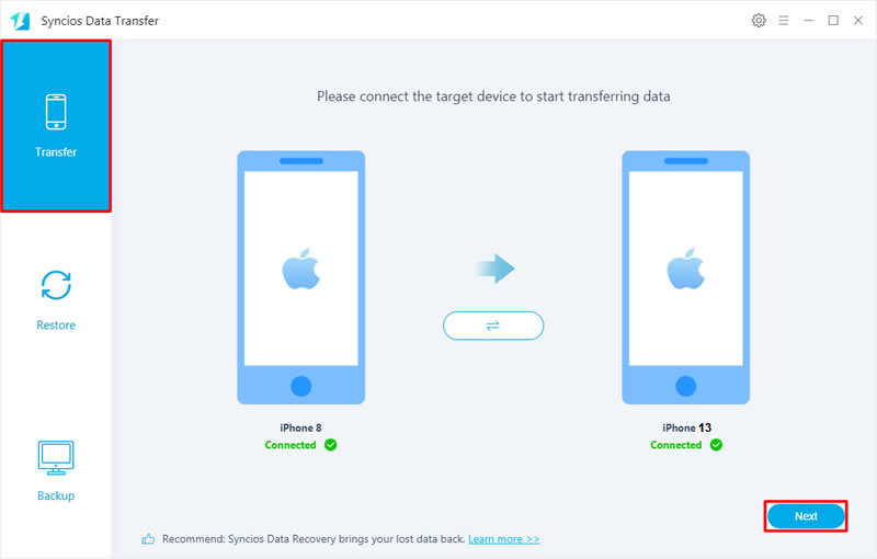 Main interface of Syncios Whatsapp Transfer