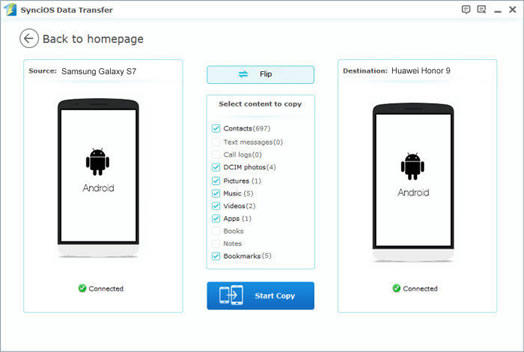 transfer data from Samsung to Huawei Honor 9 step2