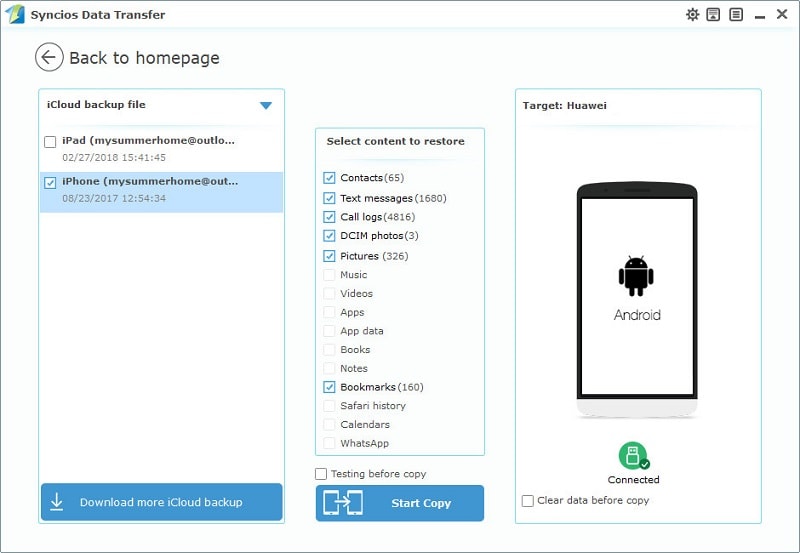 restore iCloud backup to Huawei Honor Power