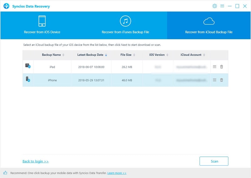 Choose iCloud backup file