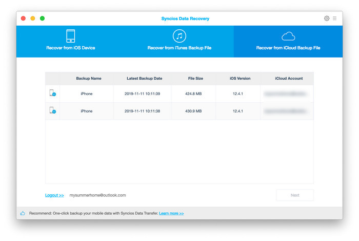 sign in to recover from iCloud backup file