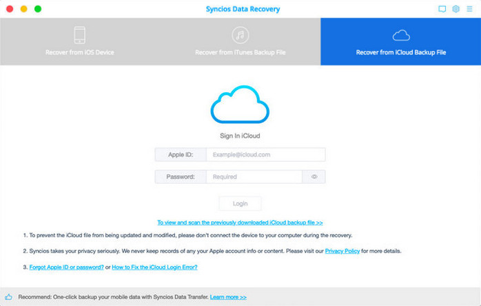 sign in to recover from iCloud backup file