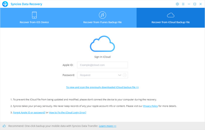 log in to load a iCloud backup