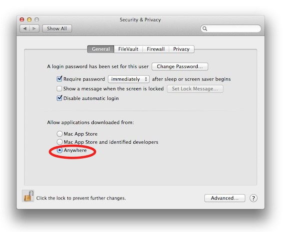 Allow applications downloaded from anywhere