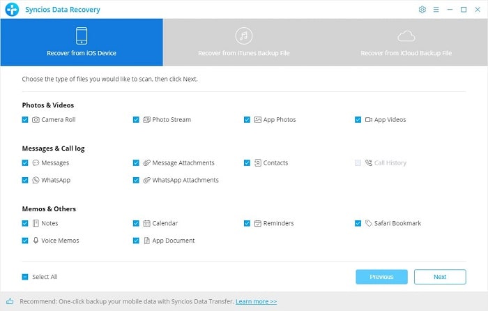 connect iPhone to syncios data recovery