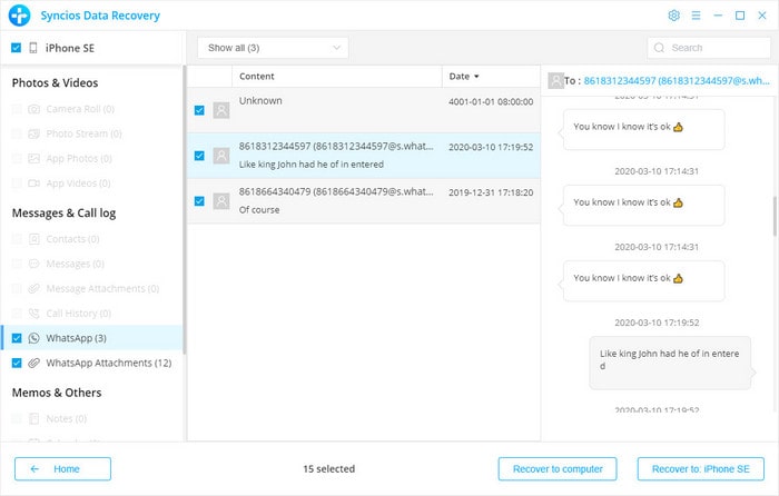 select iPhone SE WhatsApp messages to recover