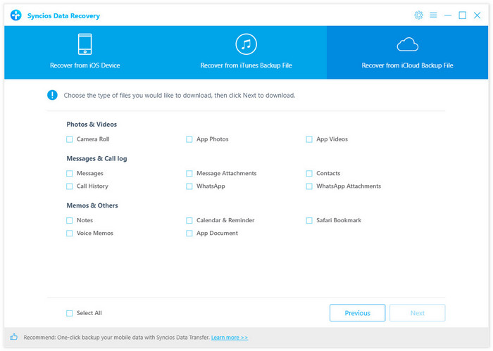 choose the type of files to recover