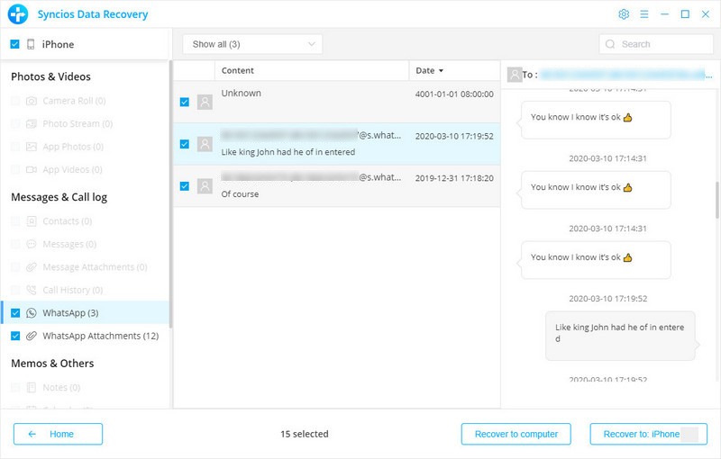 select iPhone 12 WhatsApp messages to recover