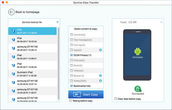 Syncios Data Transfer for Mac interface