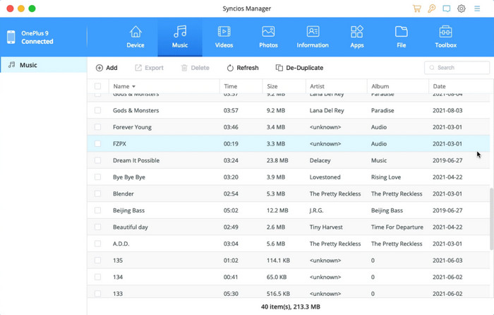 Music panel of Manager