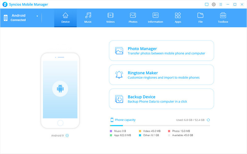 main interface of Syncios Mobile Manager
