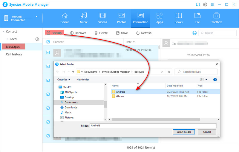 backup huawei messages selectively