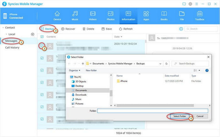 Click 'Backup' to back up text messages