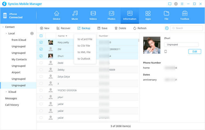 backup contact to vcard
