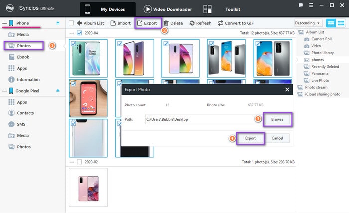 export iPhone photos to pc for importing to Google Pixel 4a