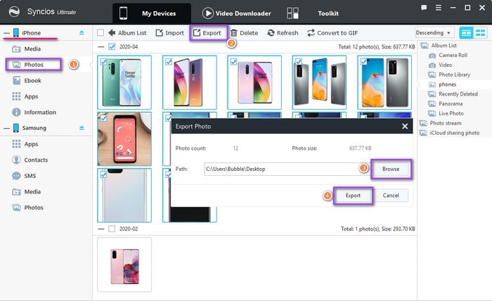 export iPhone photos to pc for importing to Samsung Galaxy Note 20