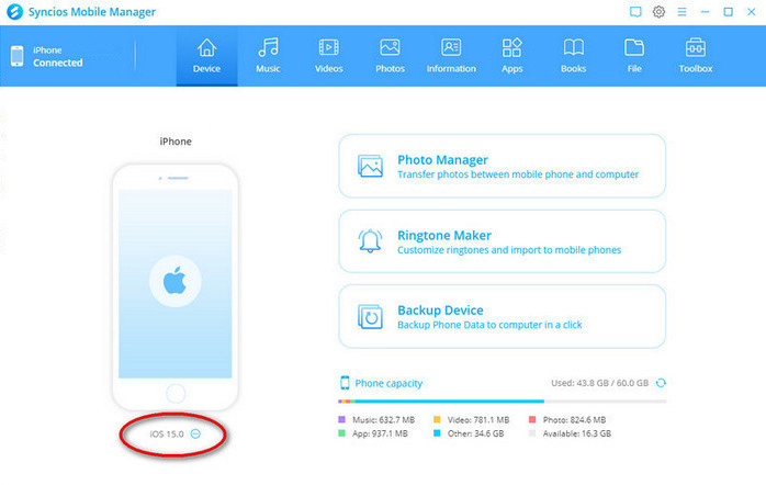 main interface of Syncios Mobile Manager