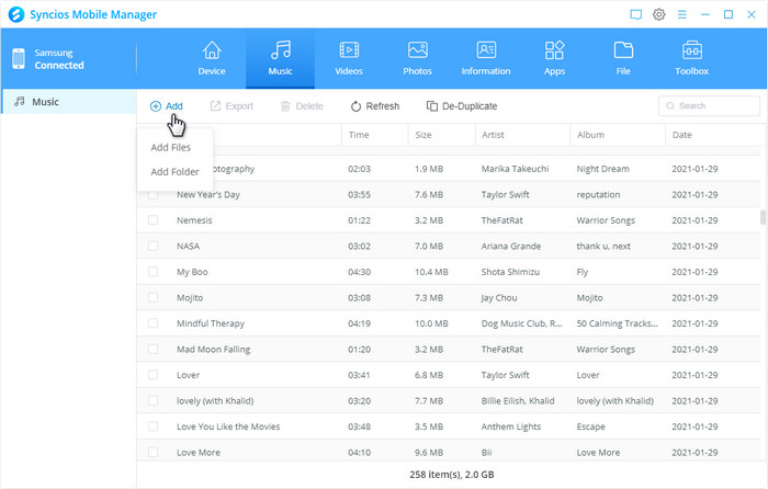 import Samsung Galaxy Note 10 music from computer