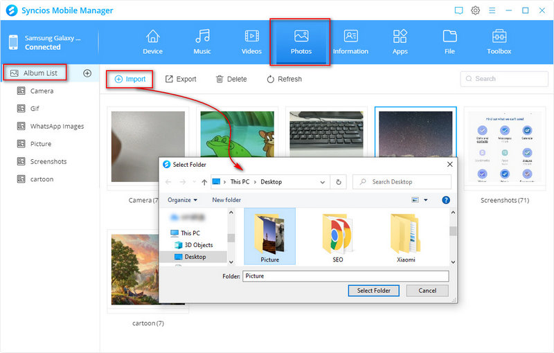 import photo album to Samsung Galaxy S25