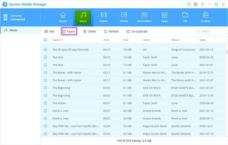 export Samsung Galaxy S25 music to pc