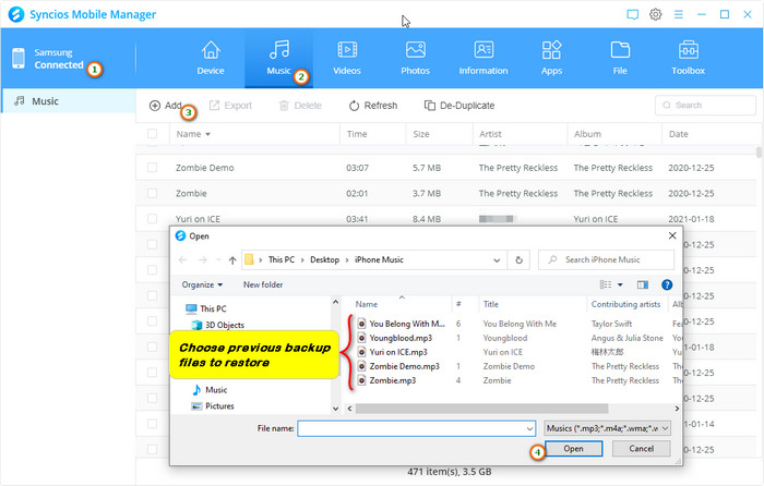 restore music backup on pc to Samsung Galaxy S25
