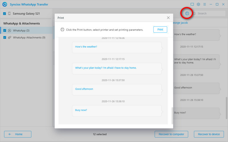 print out all whatsapp chats on Samsung Galaxy S25