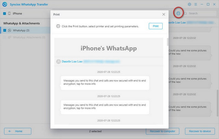 print whatsapp message on iPhone XS