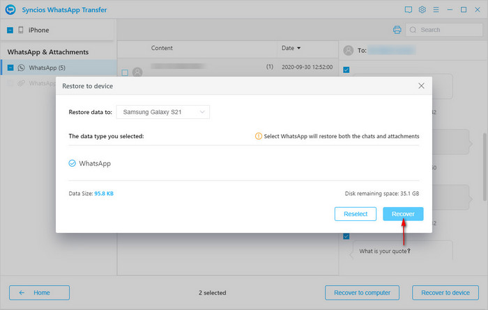 choose to restore iPhone whatsapp messages to S21
