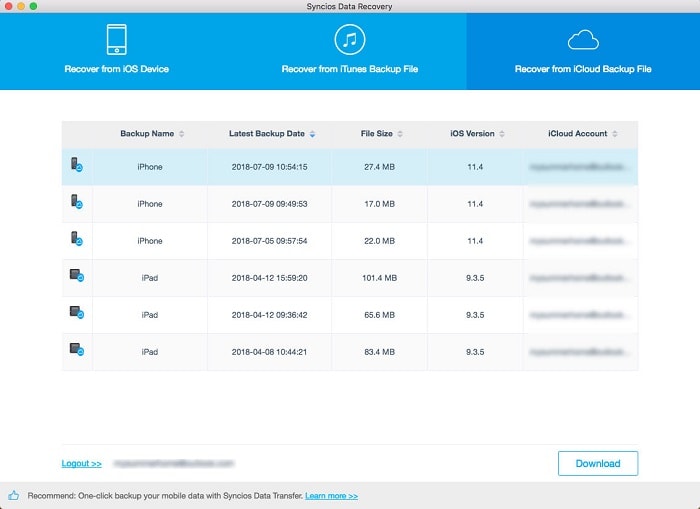 sign in to recover from iCloud backup file